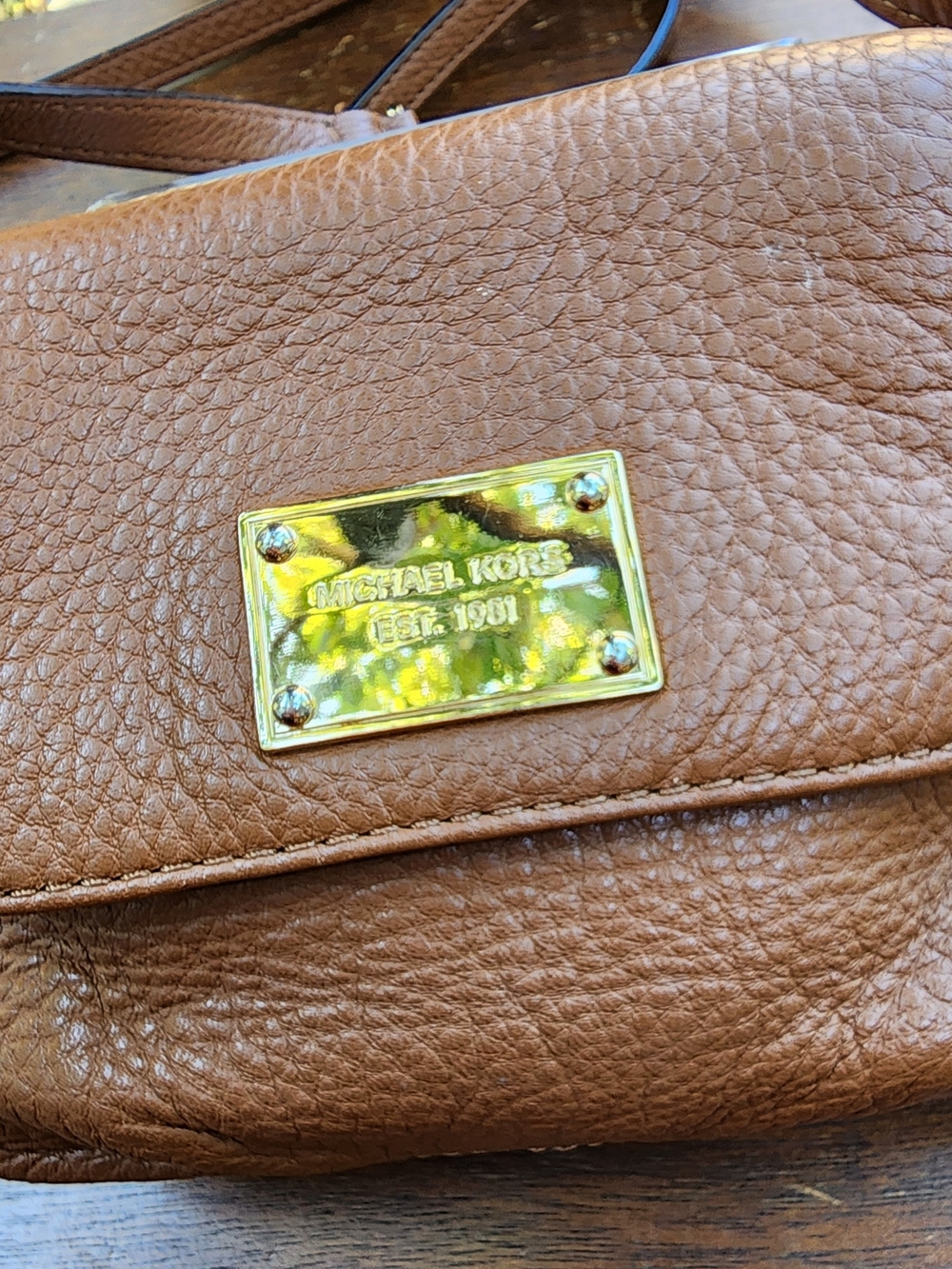 Michael Kors Brown Pebbled Leather Mini Flap Crossbody Bag Gold Plate Logo